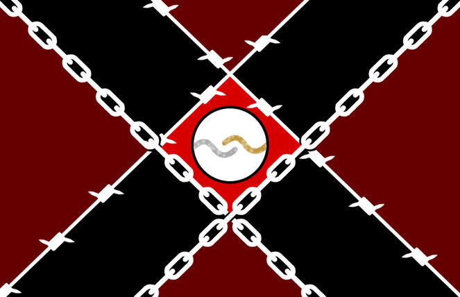 white outline of crossed chains and barbed wire on a black and dark crimson alternating background; inside the center diamond shape is a lighter crimson red, with a white circle containing a silver and gold interlocking wave, yin-yang-esque symbol.