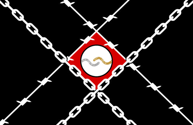 white outline of crossed chains and barbed wire on a black background; inside the center diamond shape is crimson red, with a white circle containing a silver and gold interlocking wave, yin-yang-esque symbol.